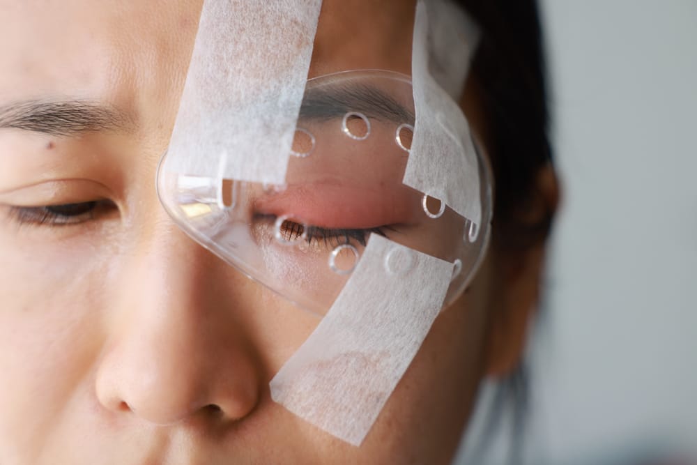 Close-up of a woman wearing a protective eye shield after surgery, showing proper post-op care to support healing and prevent eye injury.