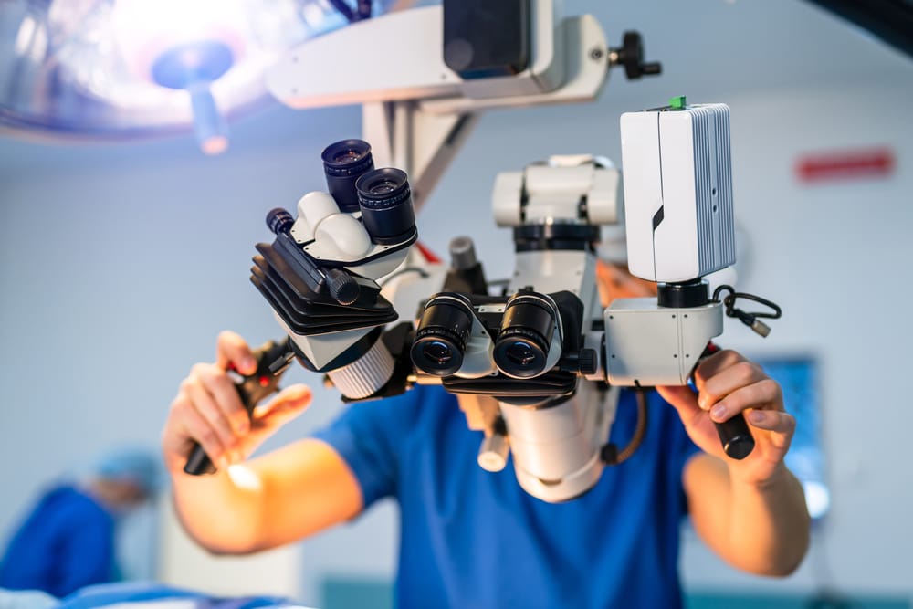 Surgeon using a high-precision surgical microscope in a modern operating room, showcasing advanced technology for delicate medical procedures.